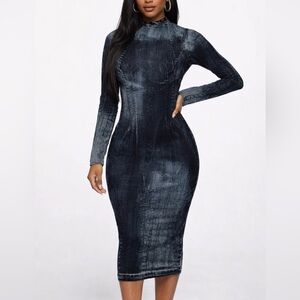 Aphrodite Denim Print Bodycon Long Sleeve Midi Dress NWOT Size S